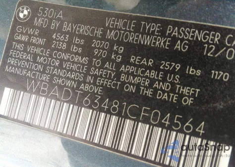 2001 BMW 530Ia z USA, uszkodzony, nr VIN WBADT63481CF04564